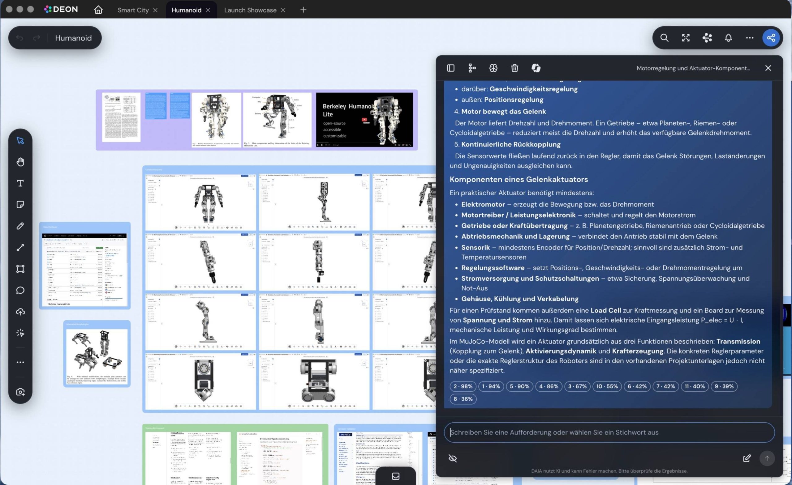 DEON-Desktop-App mit einem Robotik-Projekt: CAD-Modelle und ein Video laufen live auf dem Board, rechts beantwortet DAIA eine Frage mit Quellen aus dem Projekt