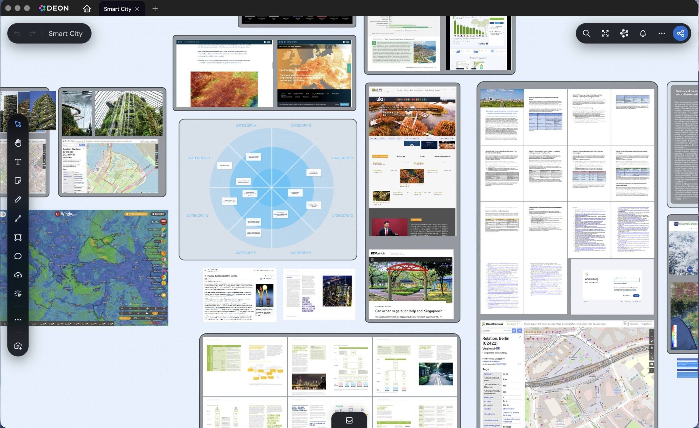 DEON-Desktop-App mit einem Smart-City-Projekt: Wetterkarte, Satellitendaten und Stadtplan laufen live neben Studien und Notizen