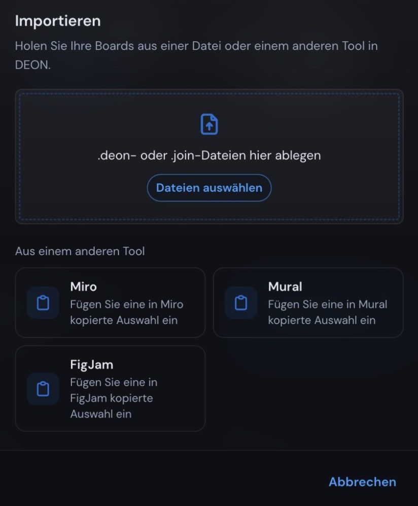Import-Dialog in DEON mit den Optionen Miro, Mural und FigJam
