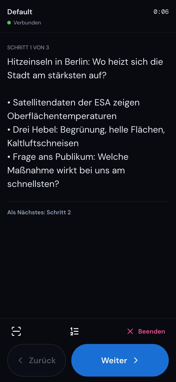 Smartphone-Fernbedienung mit Sprechernotizen, Schritt 1 von 3, und Weiter-Taste